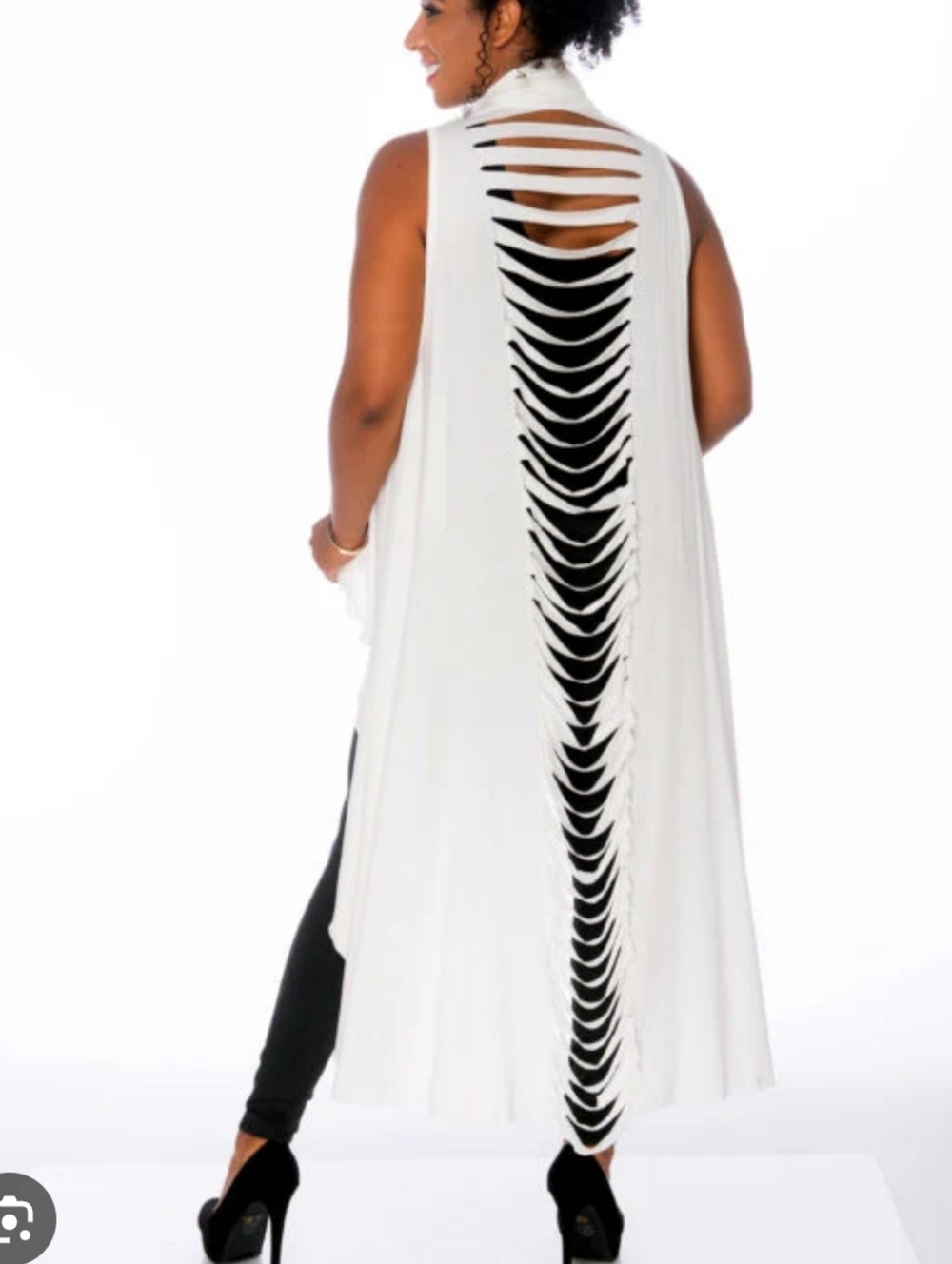 White Sleeveless Shredded Back Duster Top - Women
